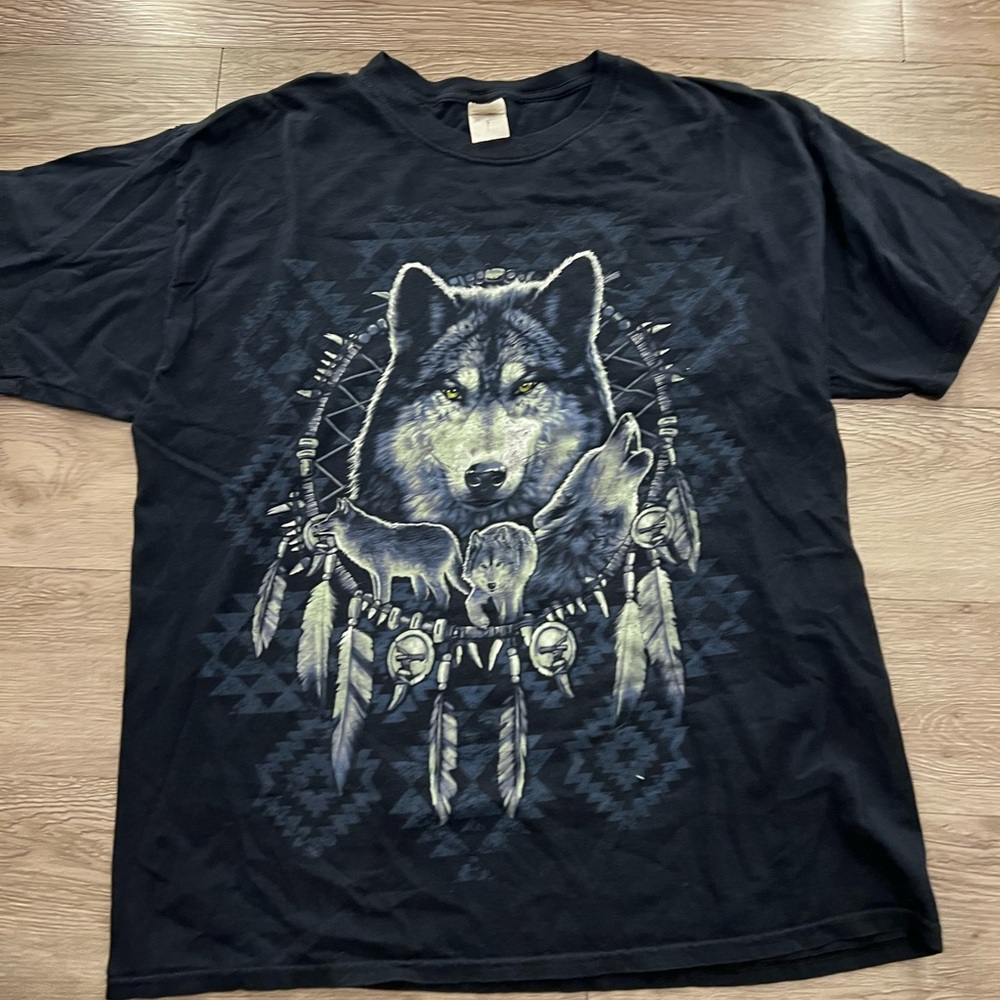 Vintage Fruit Of The Loom Wolf Print Graphic T-Shirt Size Mens